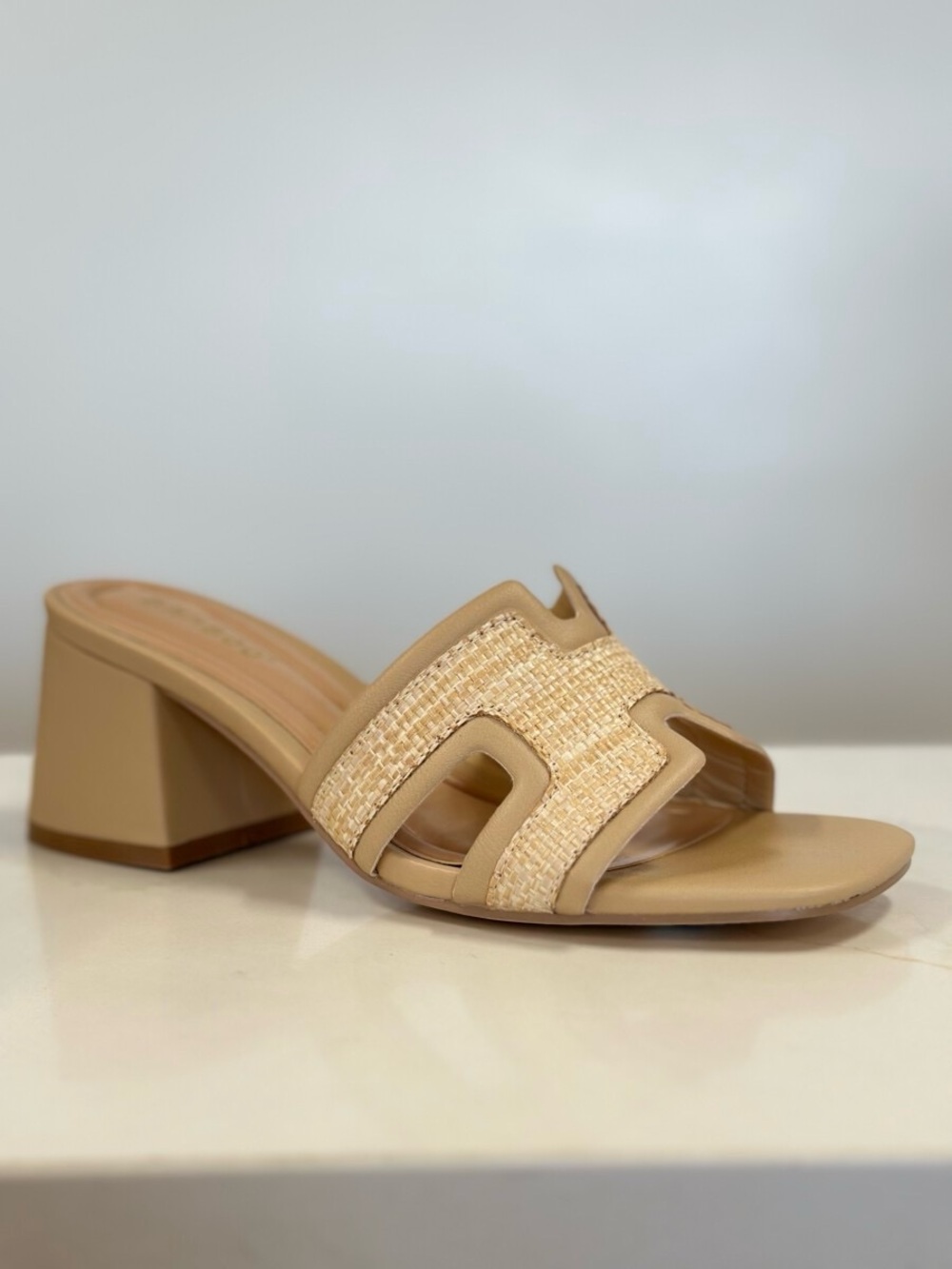 BAMBOO Beige Woven Slide Block Heel Mule